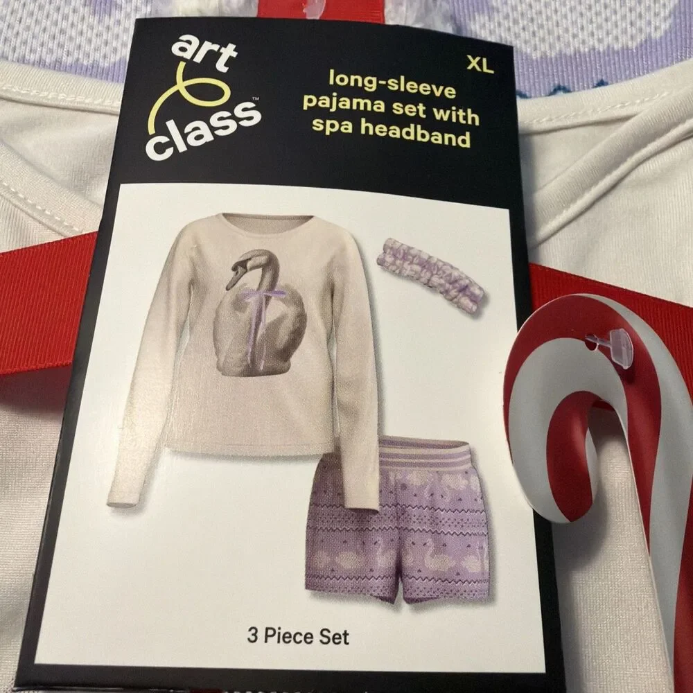 Art Class Girls XL 14/16 Long Sleeve Pajama Set W/Headband Purple Swan NWT